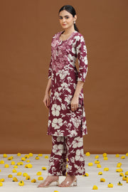 Purple Floral Embroidered Straight Co-ord Set