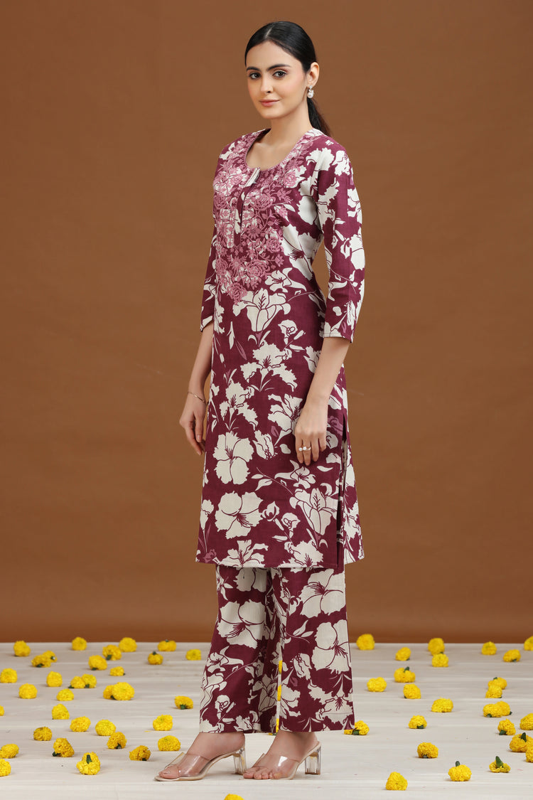 Purple Floral Embroidered Straight Co-ord Set