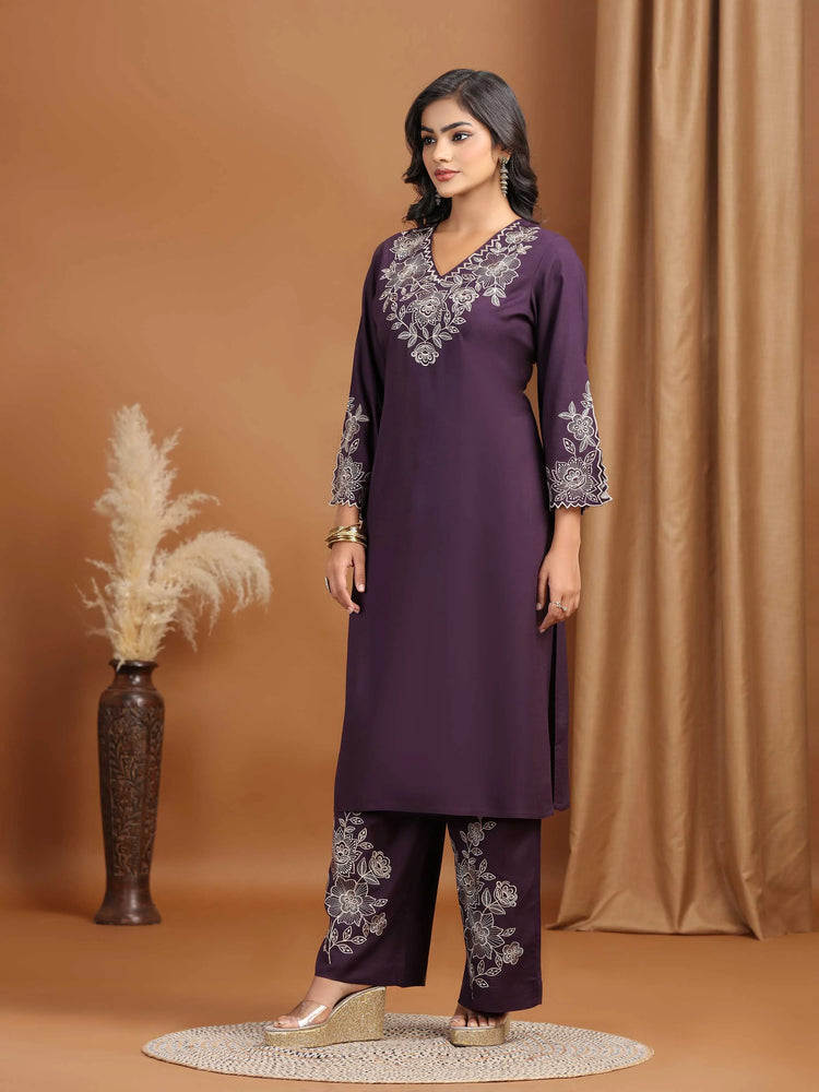 Purple Floral Embroidered Straight Co-ord Set
