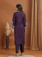 Purple Floral Embroidered Straight Co-ord Set