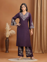 Purple Floral Embroidered Straight Co-ord Set