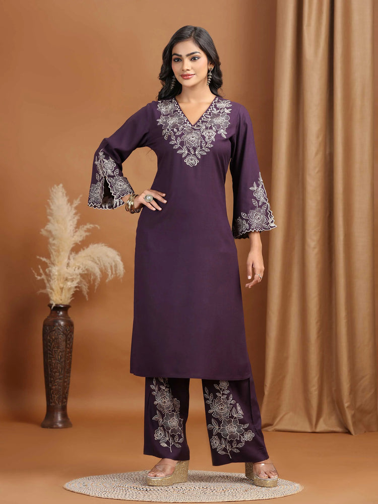 Purple Floral Embroidered Straight Co-ord Set