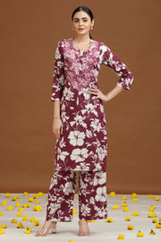 Purple Floral Embroidered Straight Co-ord Set