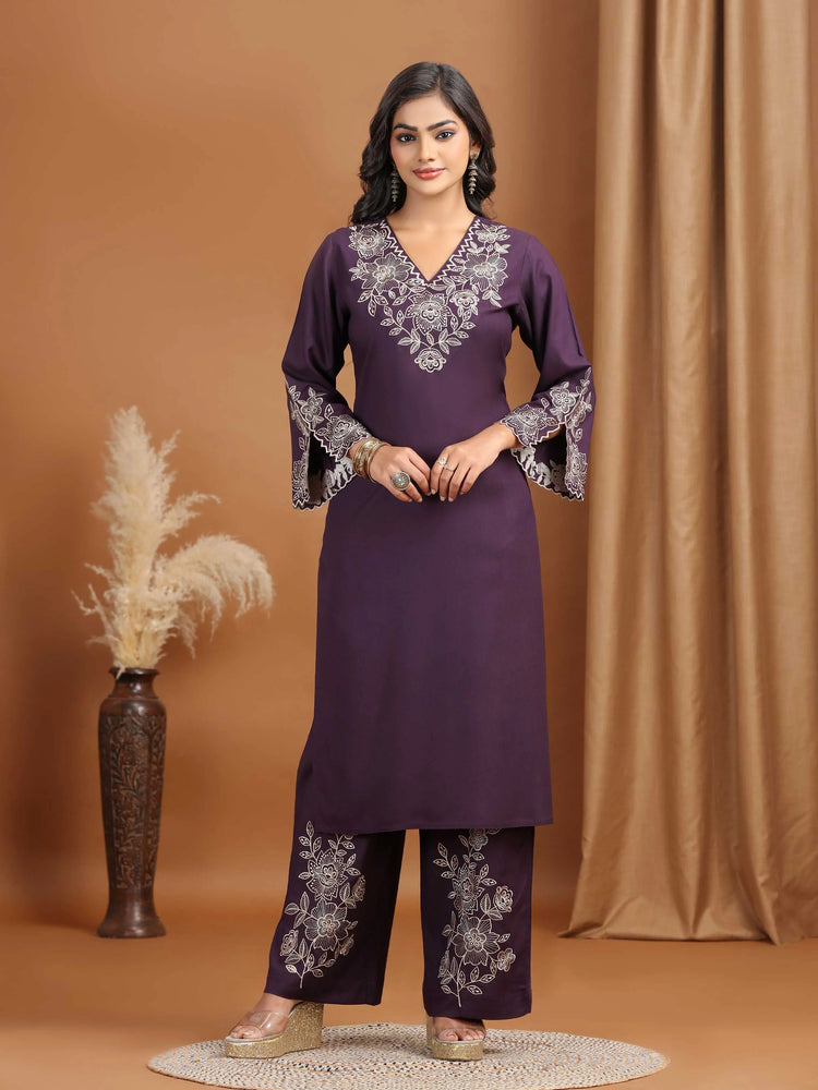 Purple Floral Embroidered Straight Co-ord Set