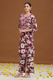 Purple Floral Embroidered Straight Co-ord Set