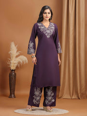 Purple Floral Embroidered Straight Co-ord Set