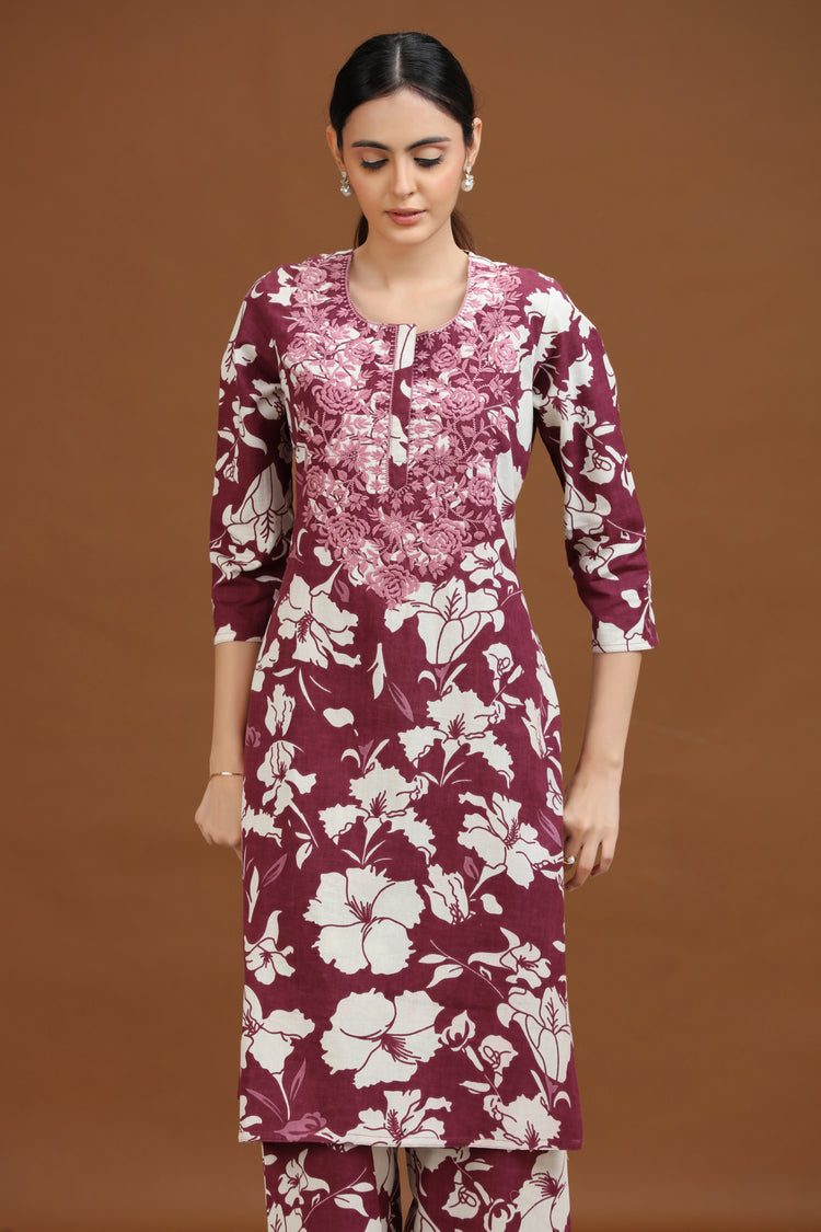 Purple Floral Embroidered Straight Co-ord Set