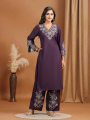 Purple Floral Embroidered Straight Co-ord Set