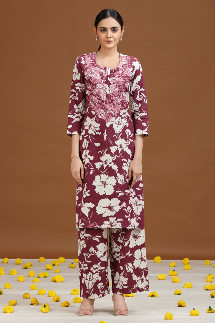 Purple Floral Embroidered Straight Co-ord Set