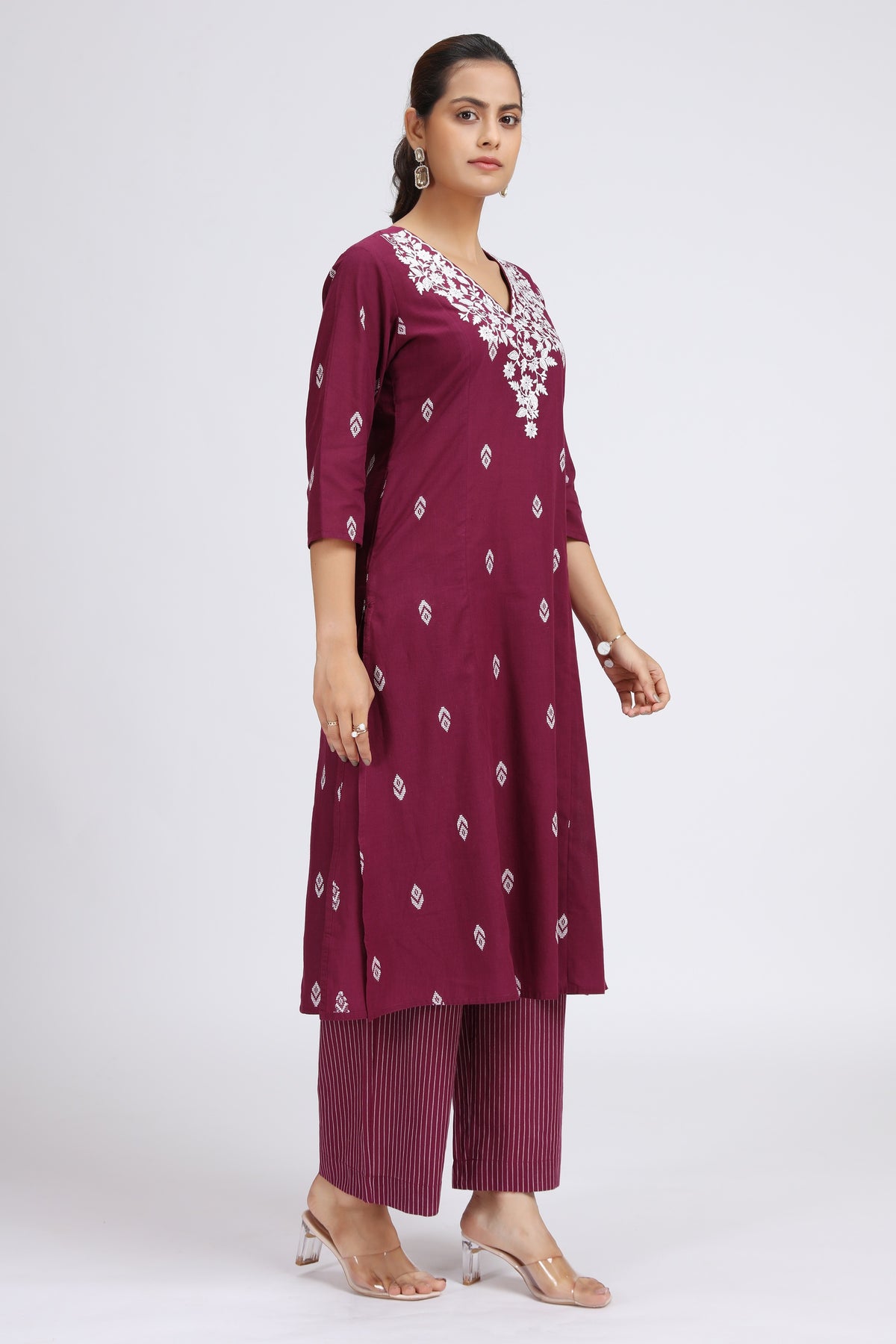 Purple Handloom Embroidered A Line Kurta Pant Co ord Set for women