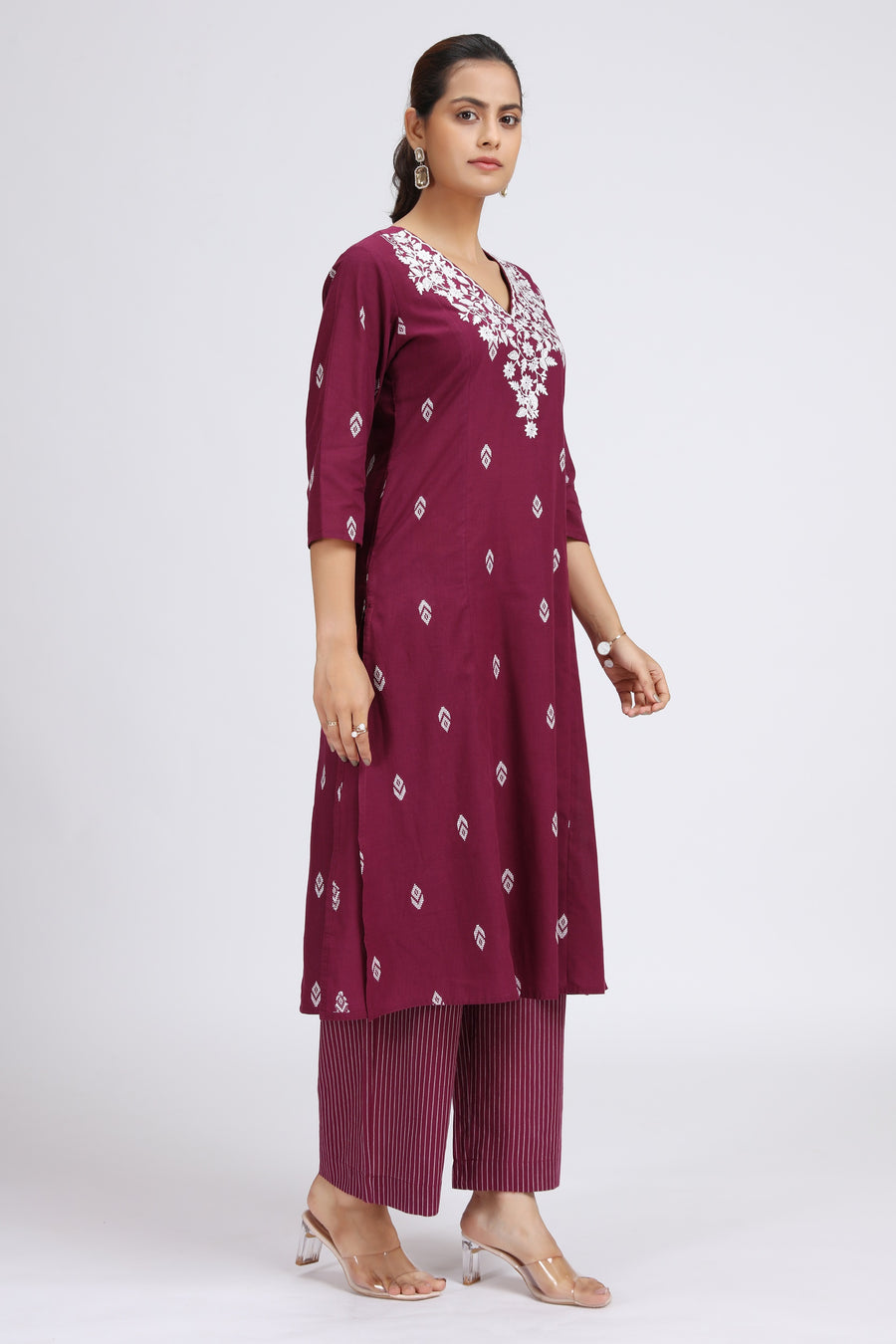 Purple Handloom Embroidered A Line Kurta Pant Co ord Set