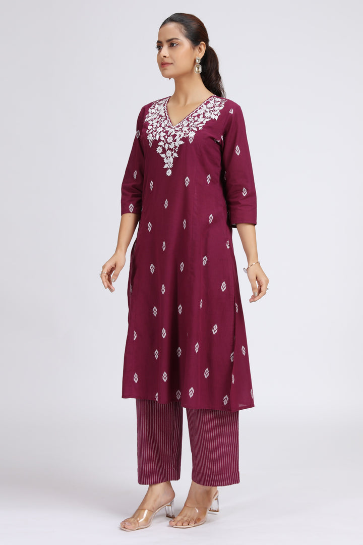 Purple Handloom Embroidered A Line Kurta Pant Co-ord Set for women