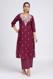 Purple Handloom Embroidered A Line Kurta Pant Co-ord Set for women