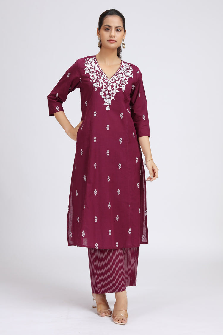 Purple Handloom Embroidered A Line Kurta Pant Co-ord Set for women