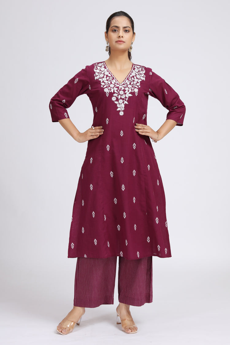Purple Handloom Embroidered A Line Kurta Pant Co-ord Set for women