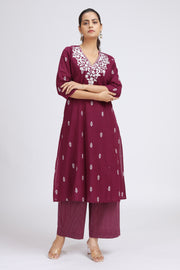Purple Handloom Embroidered A Line Kurta Pant Co ord Set for women