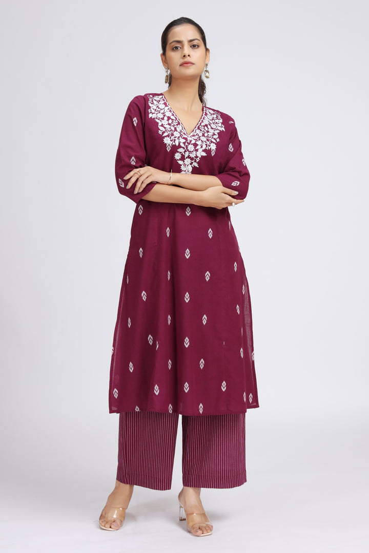 Purple Handloom Embroidered A Line Kurta Pant Co ord Set for women