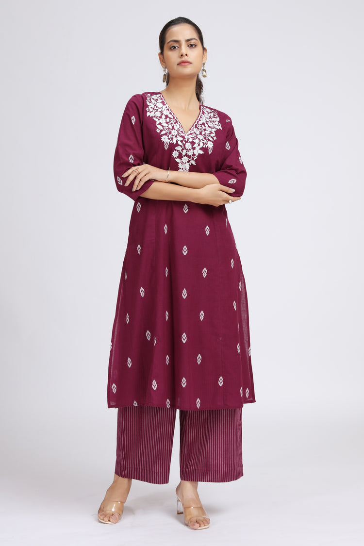 Purple Handloom Embroidered A Line Kurta Pant Co ord Set for women
