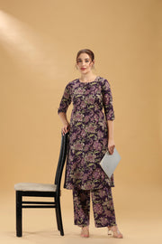 Purple Jaipuri Cotton Floral Printed A Line Kurta Pant Co ord Set