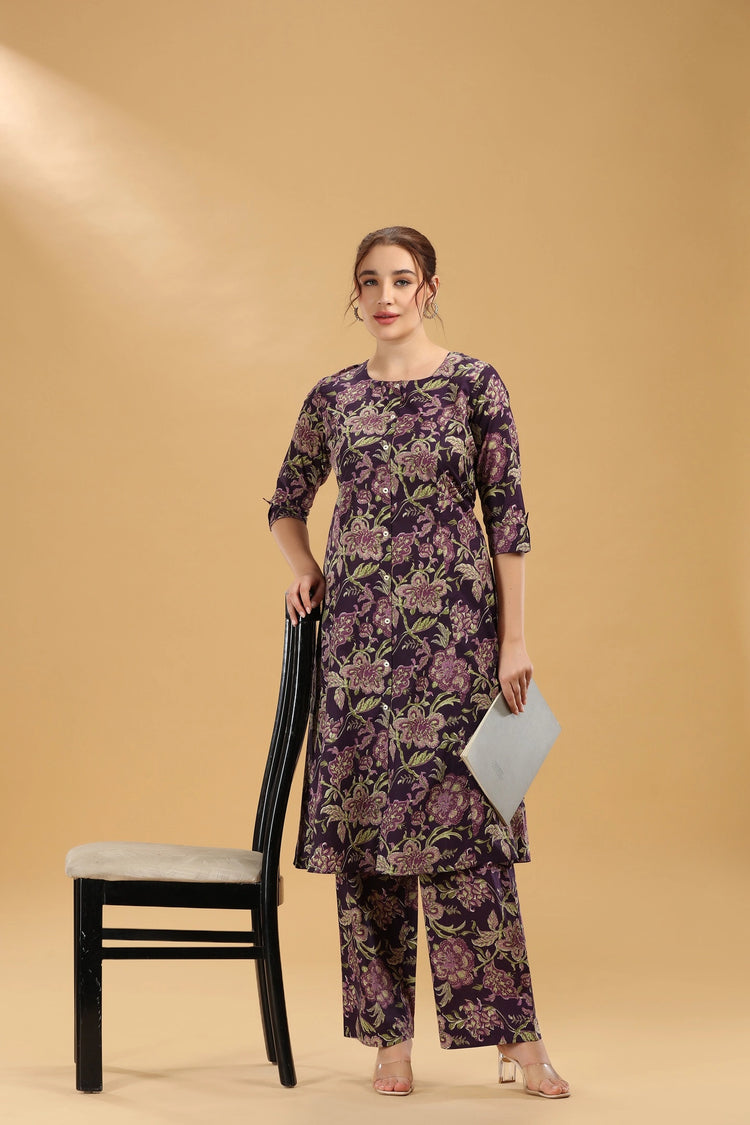 Purple Jaipuri Cotton Floral Printed A Line Kurta Pant Co ord Set