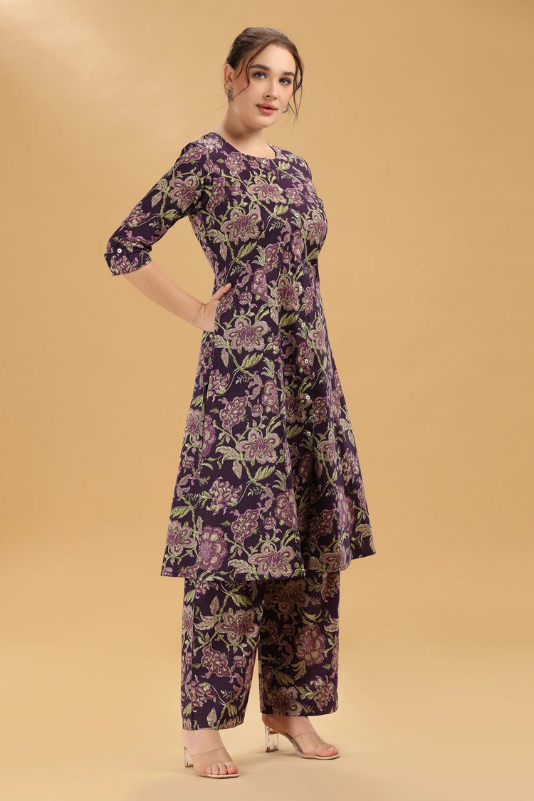 Purple Jaipuri Cotton Floral Printed A Line Kurta Pant Co ord Set