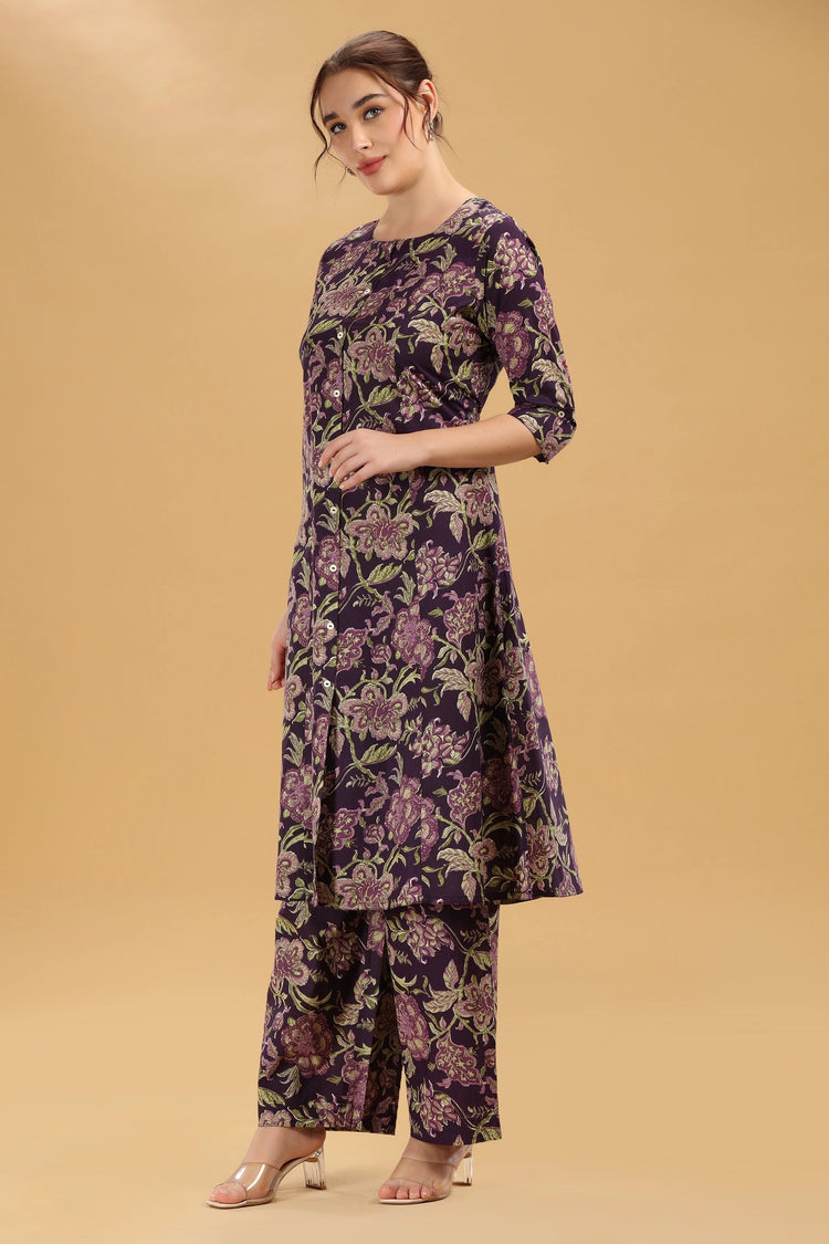 Purple Jaipuri Cotton Floral Printed A Line Kurta Pant Co ord Set