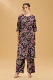 Purple Jaipuri Cotton Floral Printed A Line Kurta Pant Co ord Set