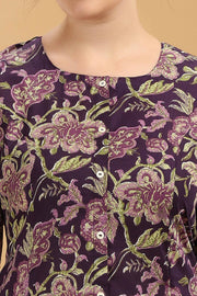 Purple Jaipuri Cotton Floral Printed A Line Kurta Pant Co ord Set