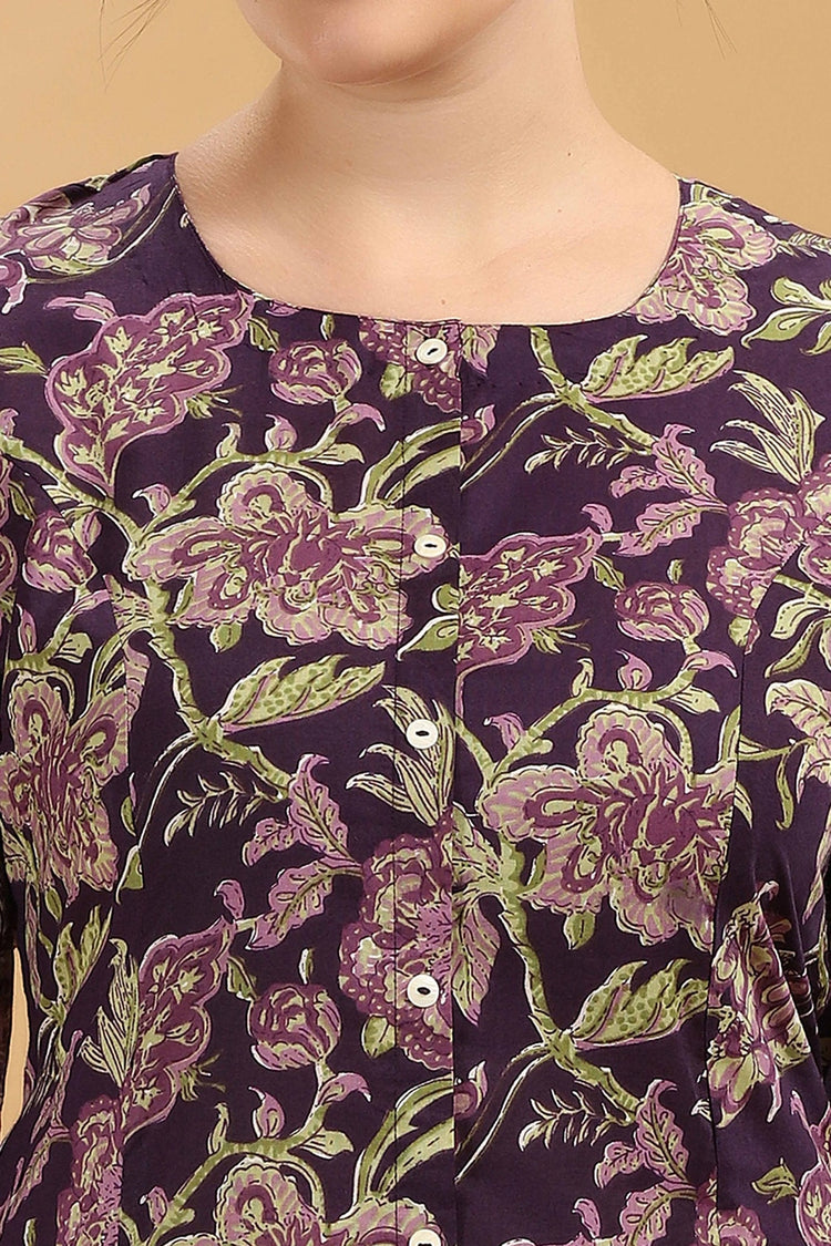 Purple Jaipuri Cotton Floral Printed A Line Kurta Pant Co ord Set
