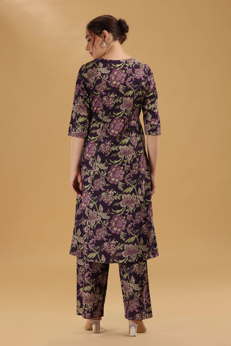 Purple Jaipuri Cotton Floral Printed A Line Kurta Pant Co ord Set