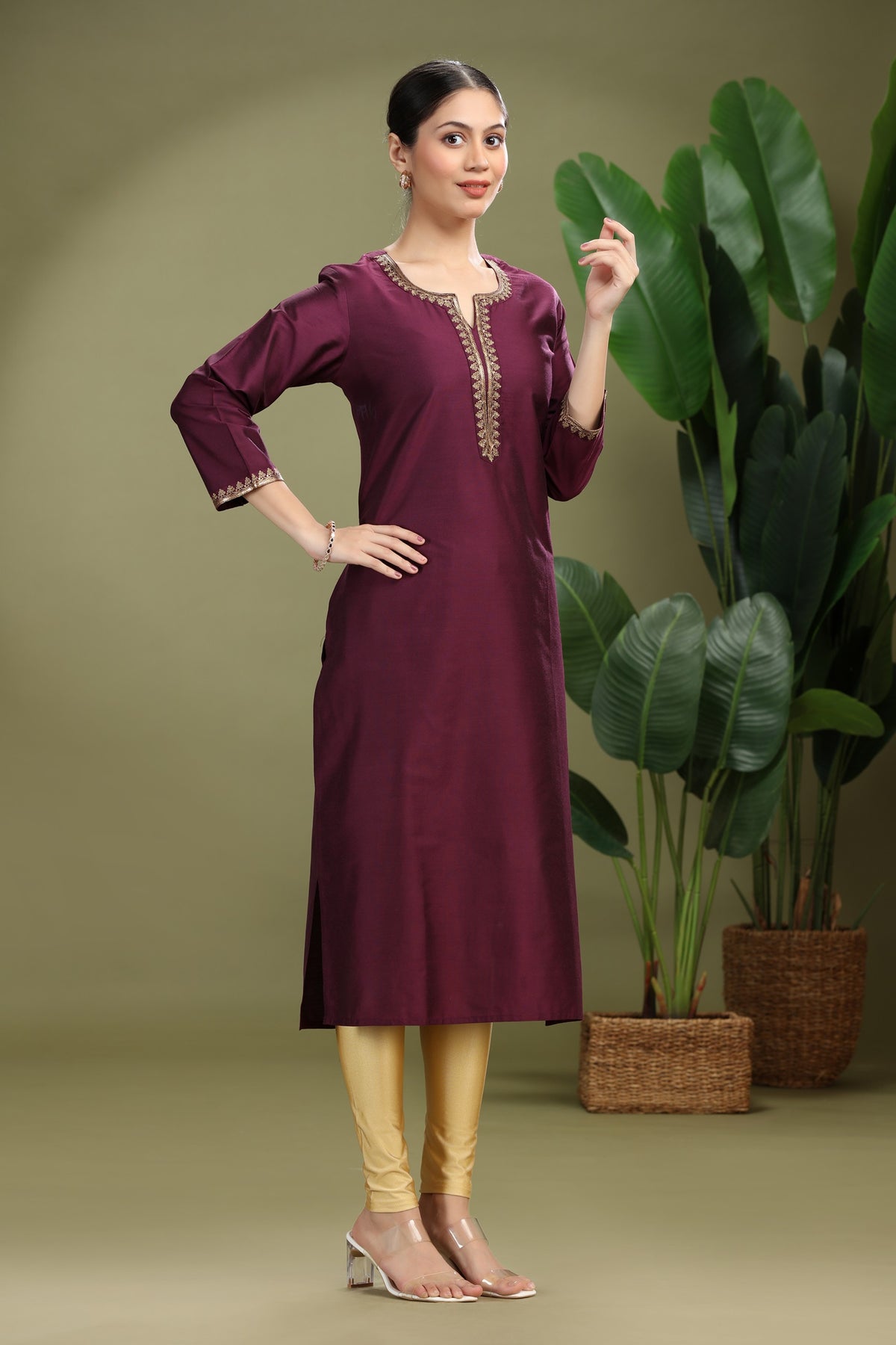 Purple PolySilk Embroidered Straight Kurta