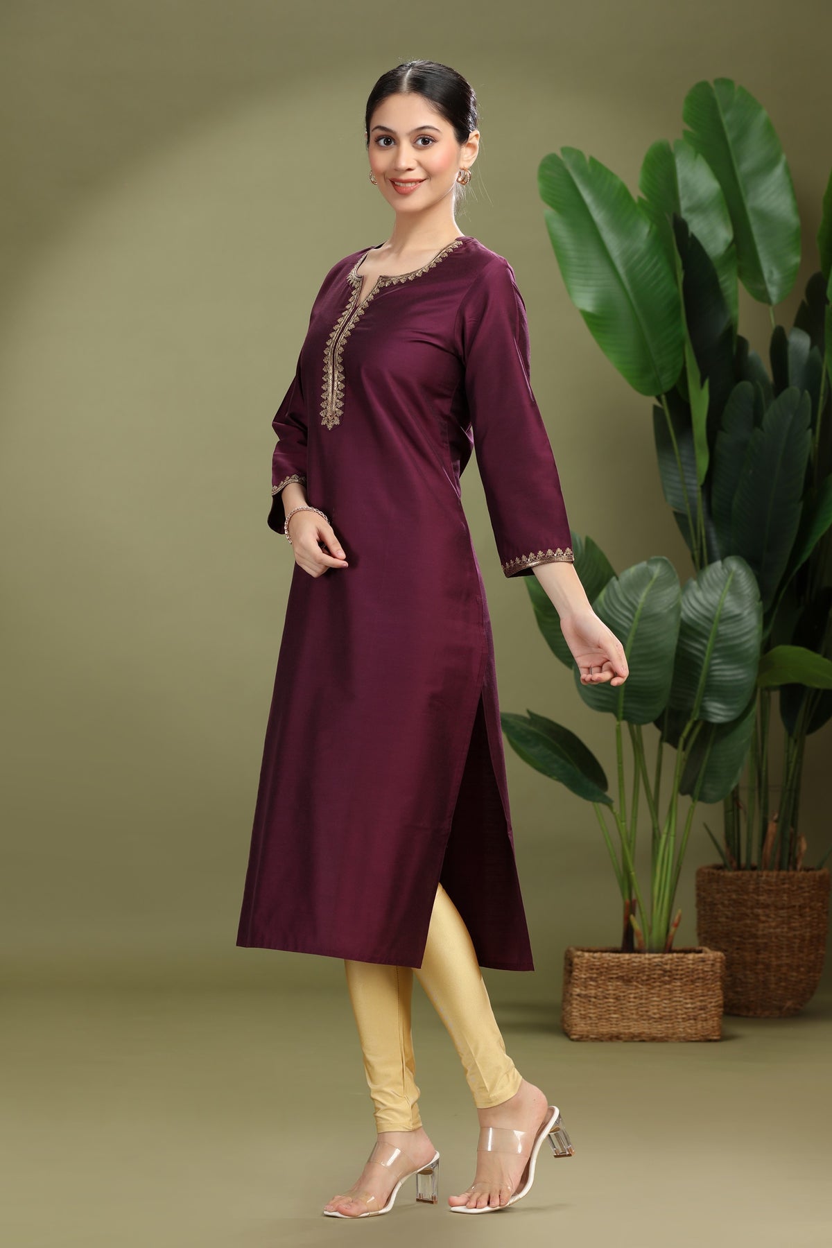 Purple PolySilk Embroidered Straight Kurta