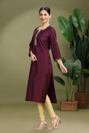 Purple PolySilk Embroidered Straight Kurta