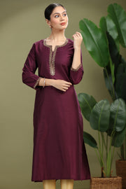 Purple PolySilk Embroidered Straight Kurta