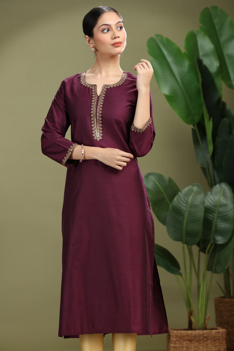 Purple PolySilk Embroidered Straight Kurta