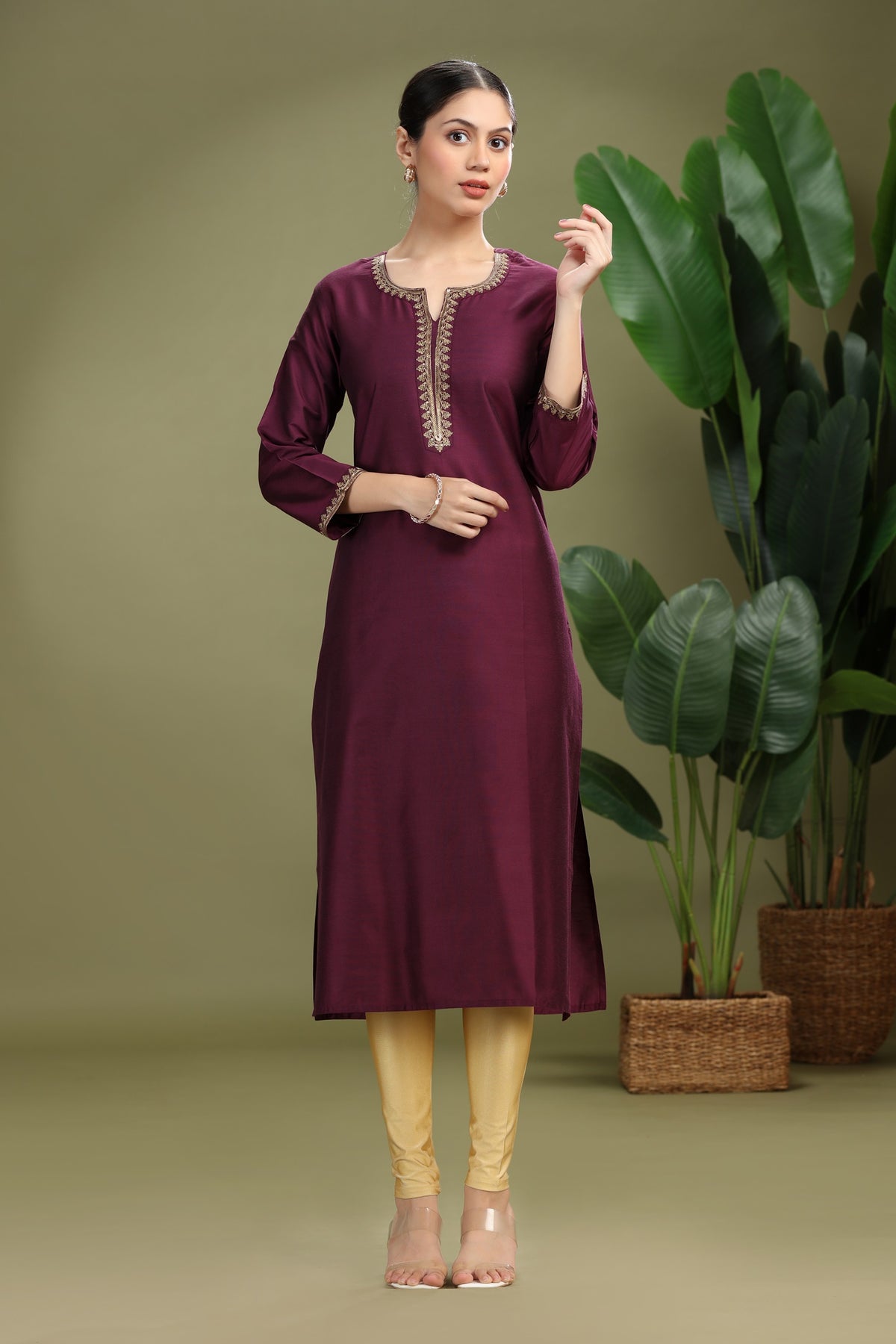 Purple PolySilk Embroidered Straight Kurta