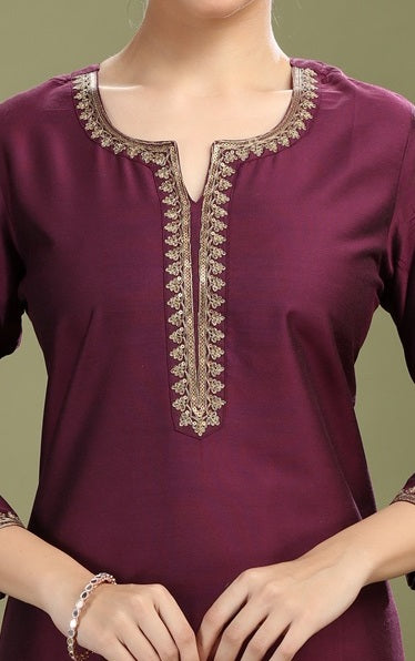 Purple PolySilk Embroidered Straight Kurta
