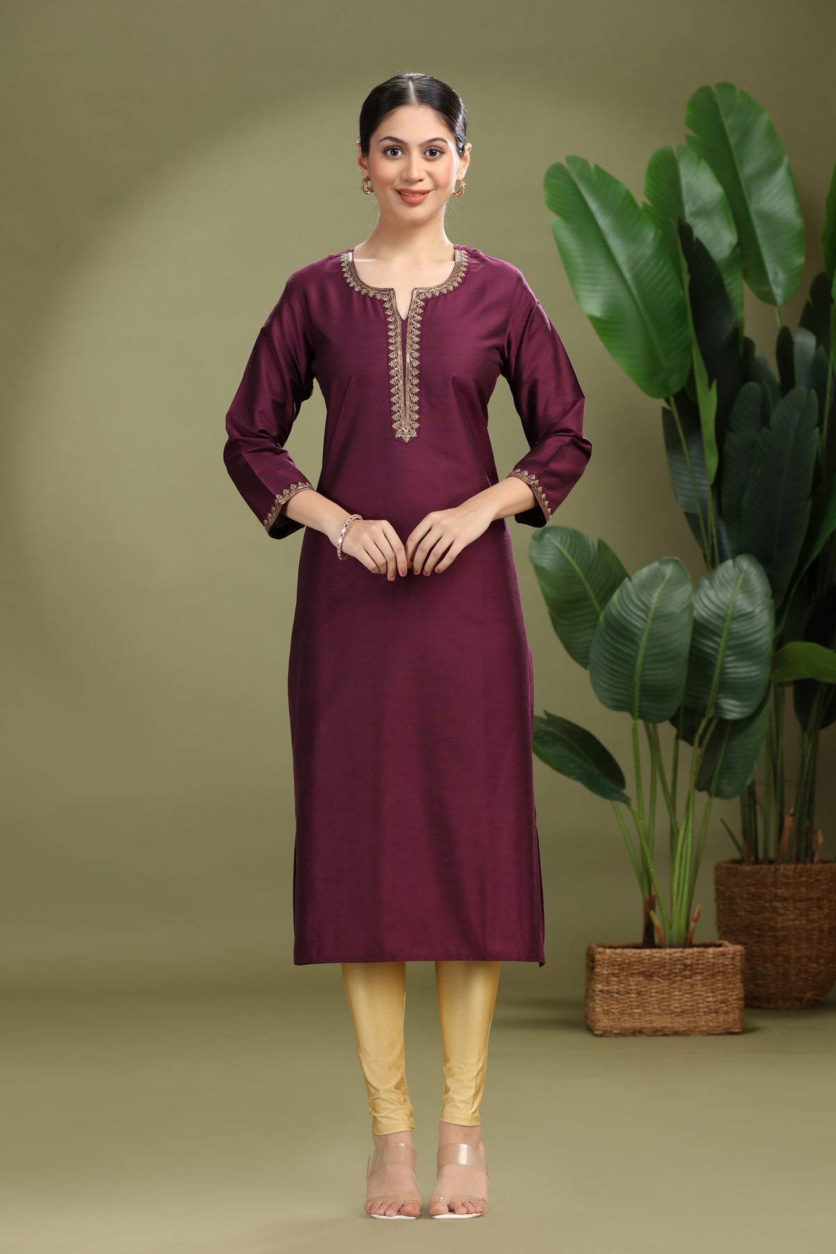 Purple PolySilk Embroidered Straight Kurta