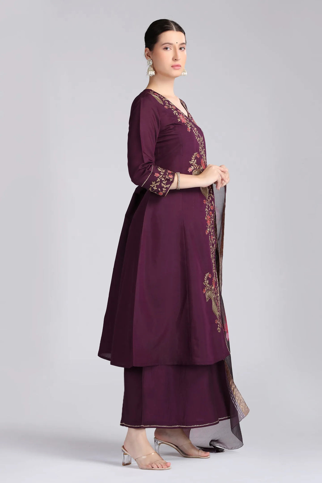 Purple Roman Silk Embroidered A Line Kurta Pant and Dupatta Suit Set