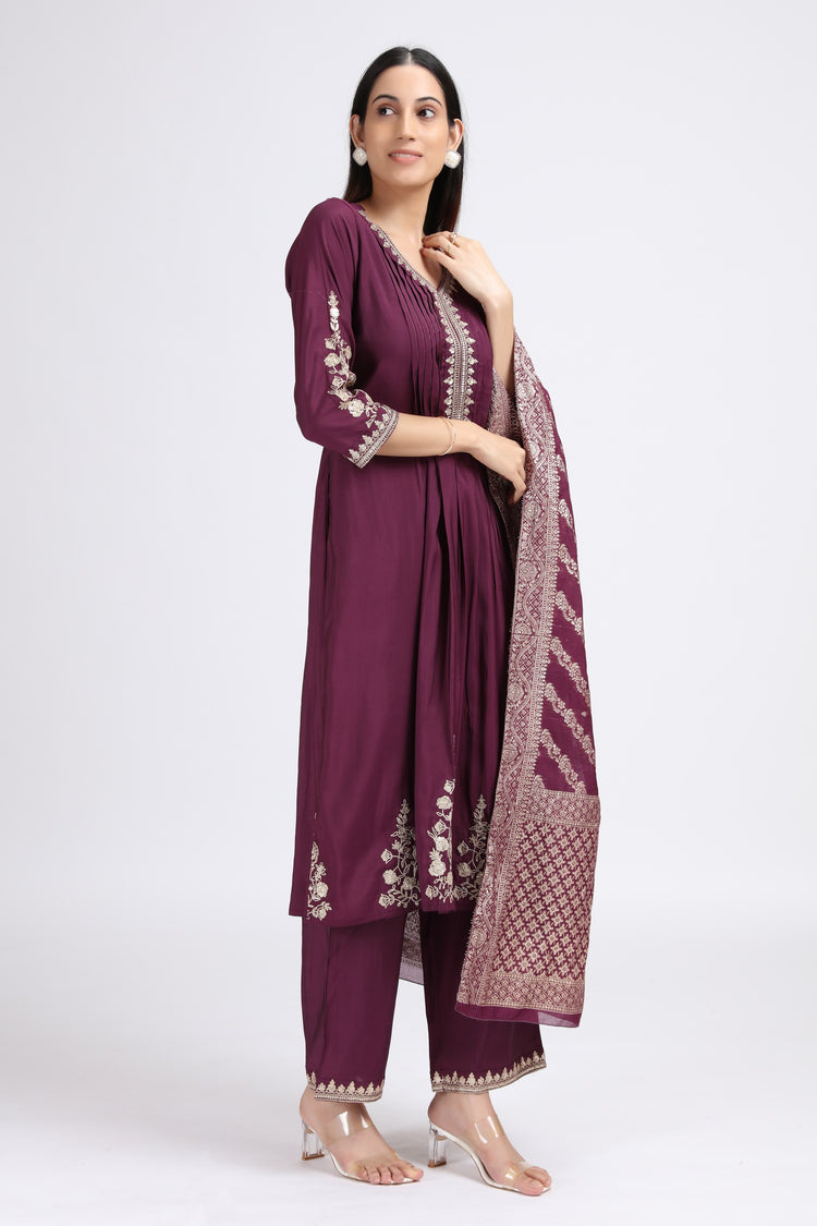 Purple Roman Silk Embroidered A Line Kurta Pant and Dupatta Suit Set for women