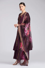 Purple Roman Silk Embroidered A Line Kurta Pant and Dupatta Suit Set