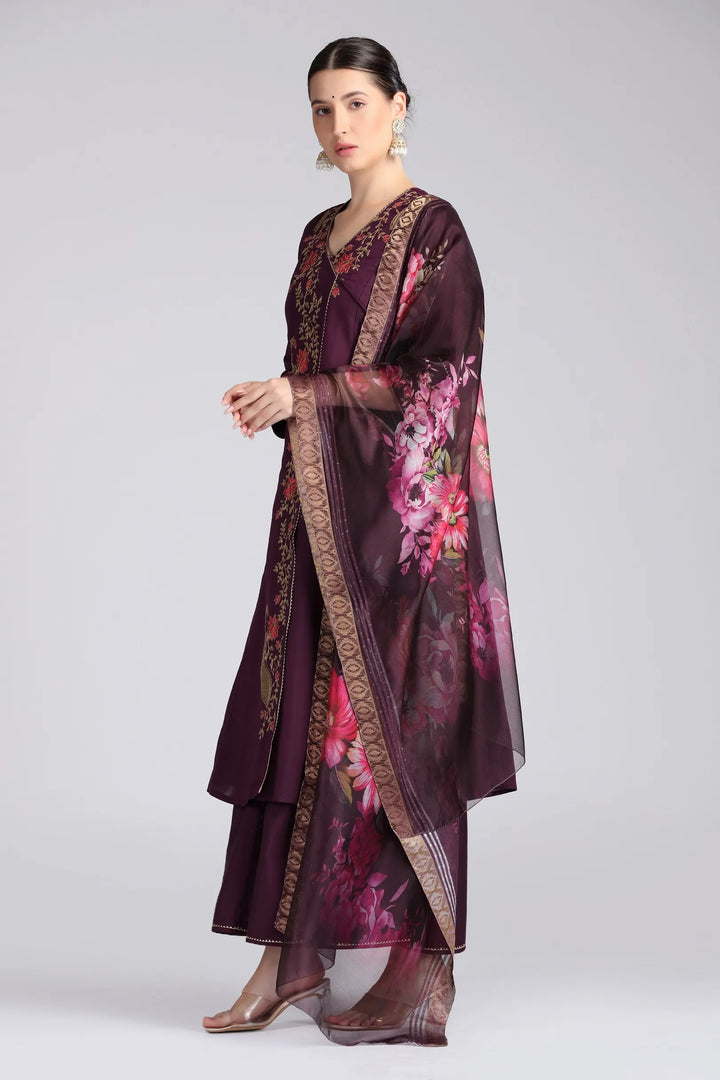 Purple Roman Silk Embroidered A Line Kurta Pant and Dupatta Suit Set
