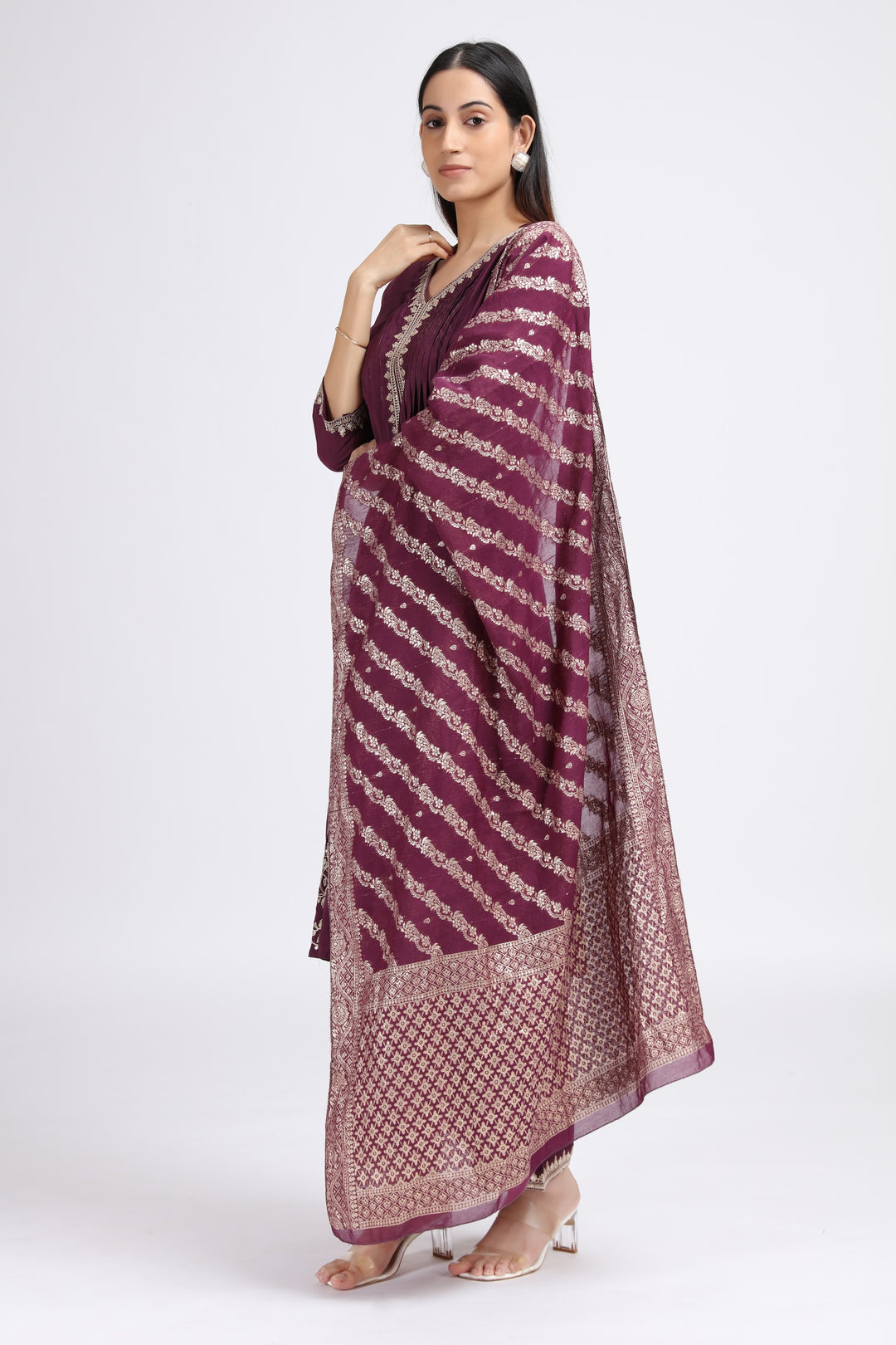 Purple Roman Silk Embroidered A Line Kurta Pant and Dupatta Suit Set for women