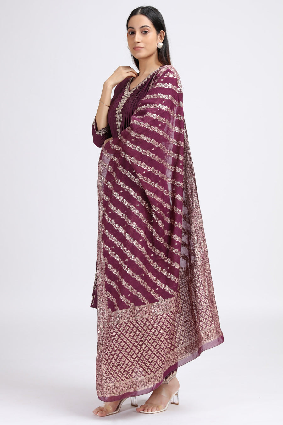 Purple Roman Silk Embroidered A Line Kurta Pant and Dupatta Suit Set