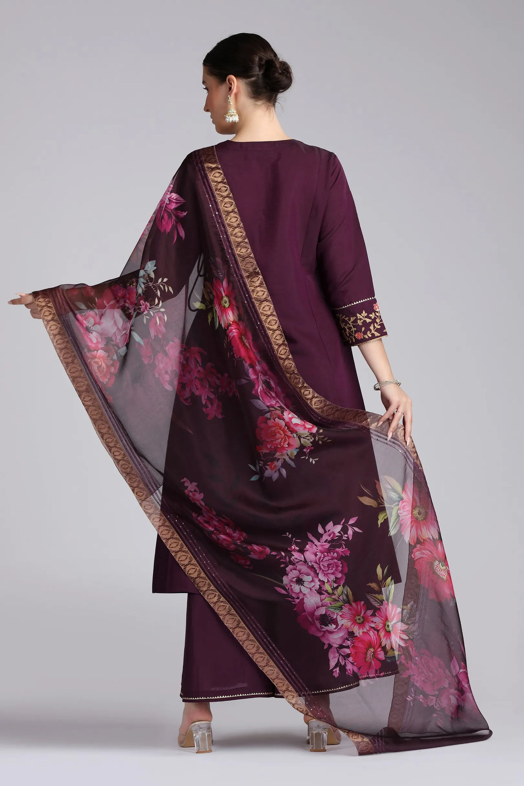Purple Roman Silk Embroidered A Line Kurta Pant and Dupatta Suit Set