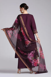 Purple Roman Silk Embroidered A Line Kurta Pant and Dupatta Suit Set