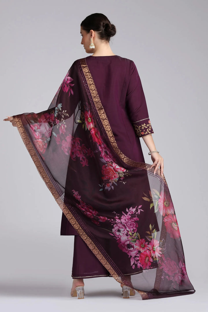 Purple Roman Silk Embroidered A Line Kurta Pant and Dupatta Suit Set