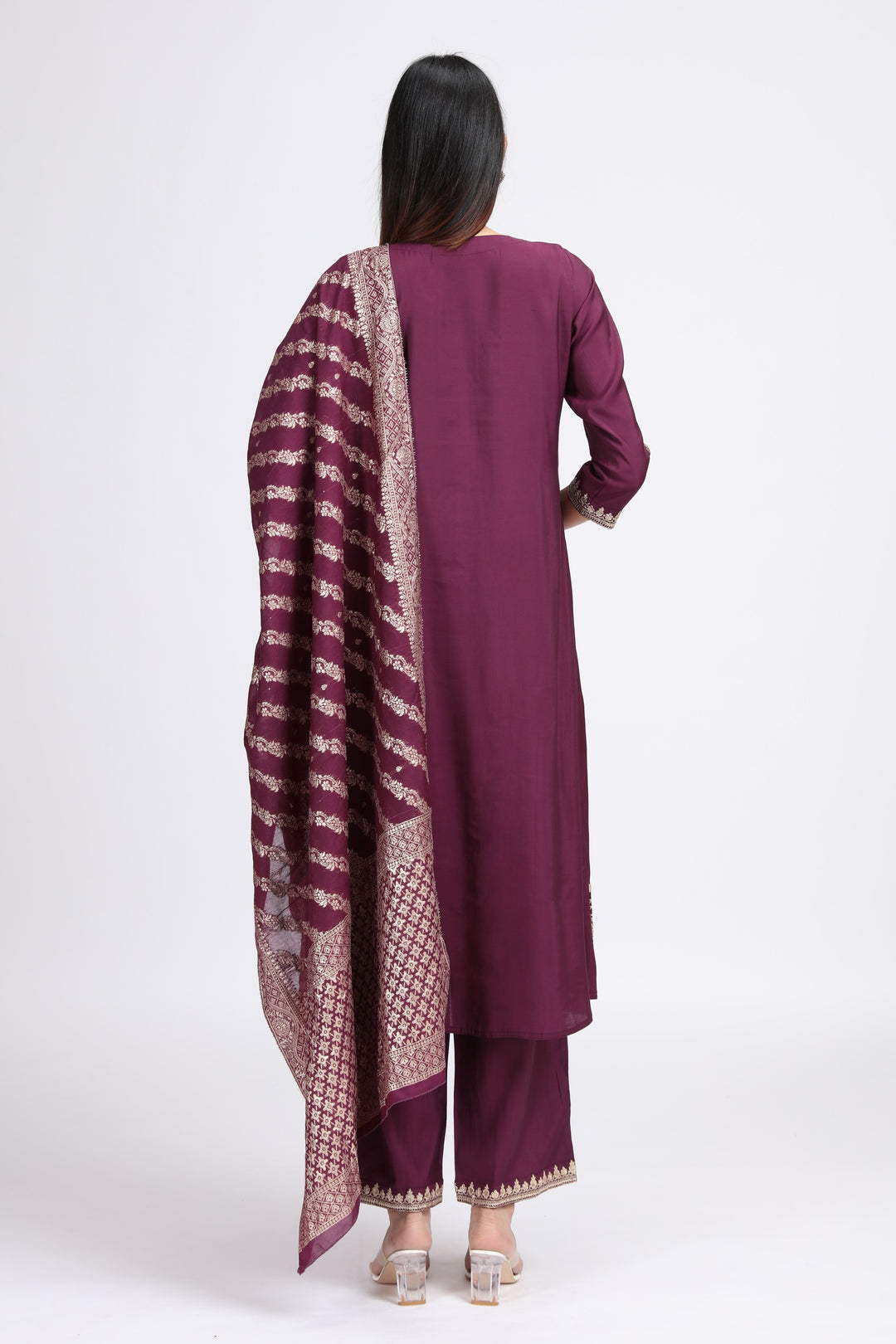 Purple Roman Silk Embroidered A Line Kurta Pant and Dupatta Suit Set for women