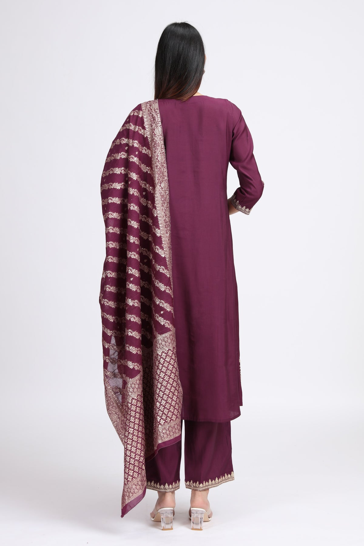 Purple Roman Silk Embroidered A Line Kurta Pant and Dupatta Suit Set for women