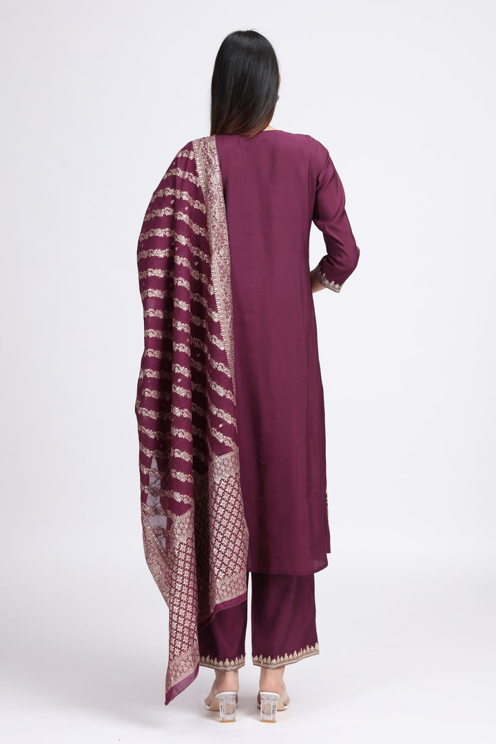 Purple Roman Silk Embroidered A Line Kurta Pant and Dupatta Suit Set for women